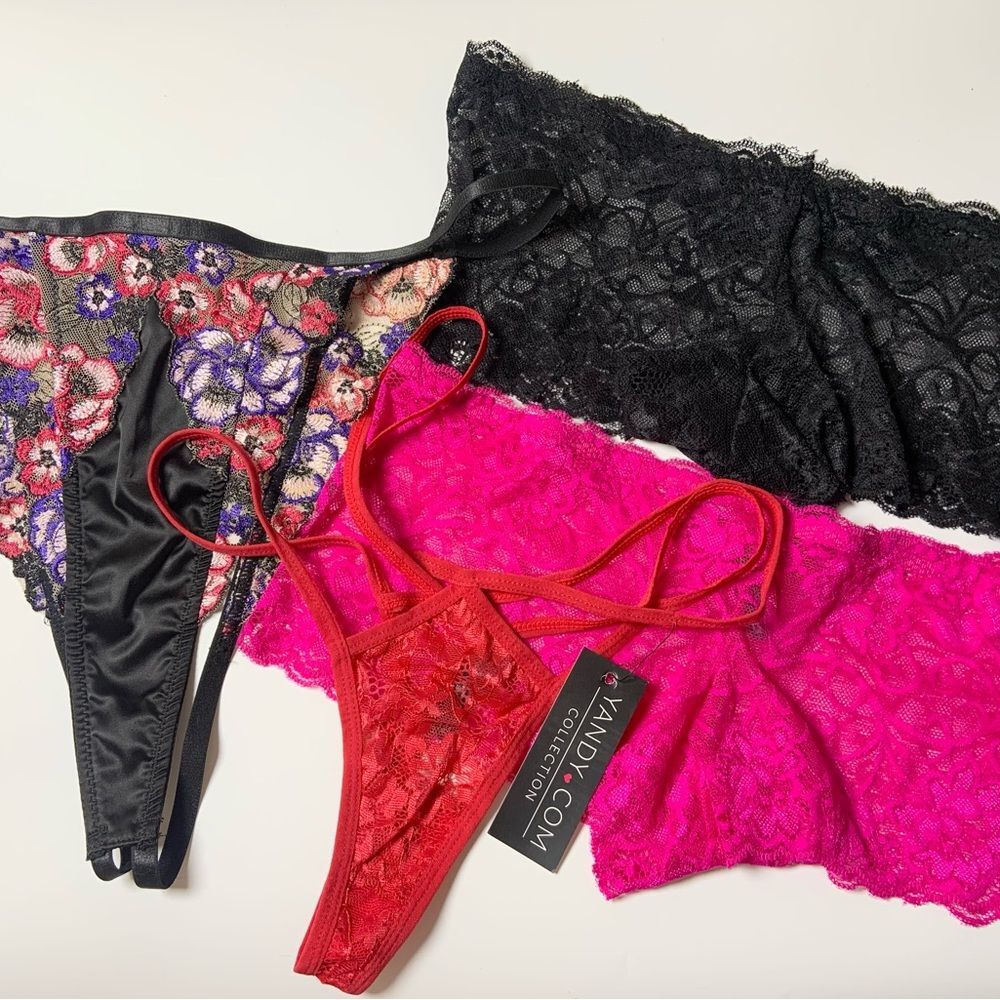 🤩 2/$20 SALE - Yandy Floral and Lace 4 Item Set - Black Red Pink Panties NEW XL